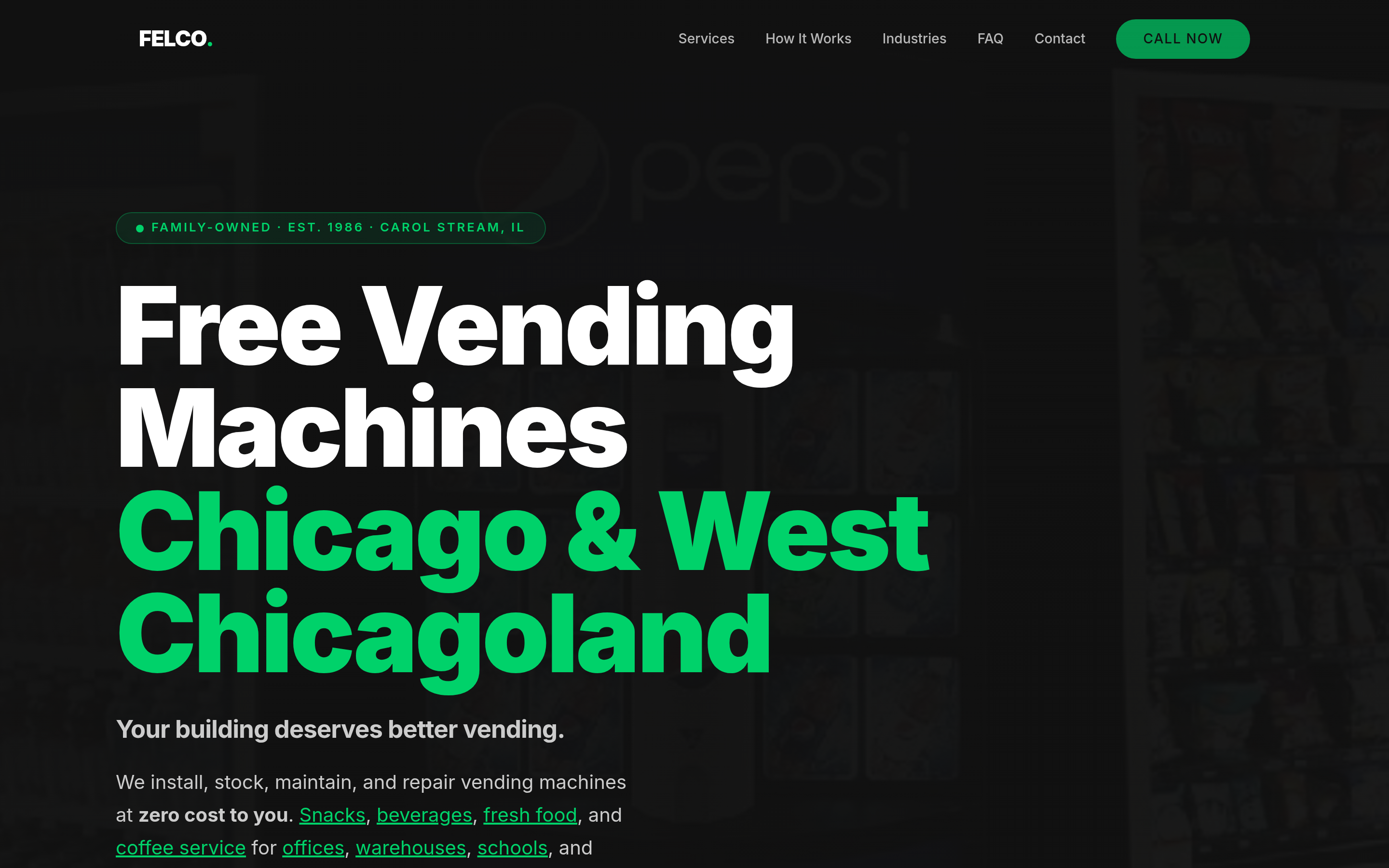 Felco Vending website - bold industrial design for Carol Stream IL vending company