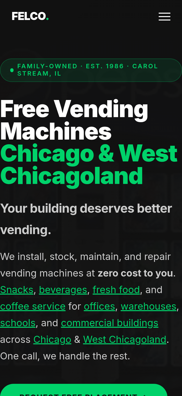 Felco Vending website on mobile phone showing service catalog